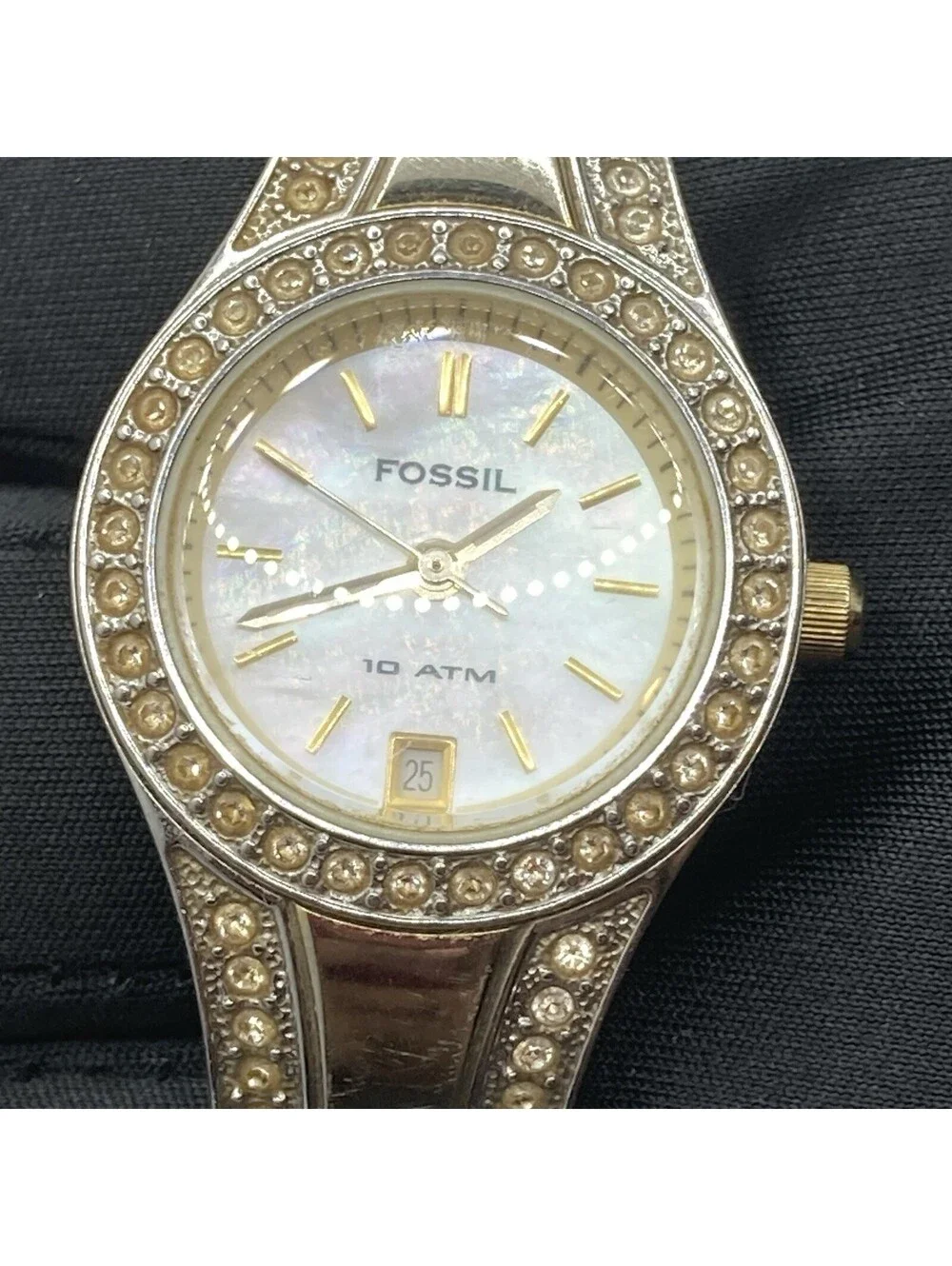 Fossil Women’s Quartz Watch Mother Of Pearl Dial Crystal Bezel Two-Tone Date